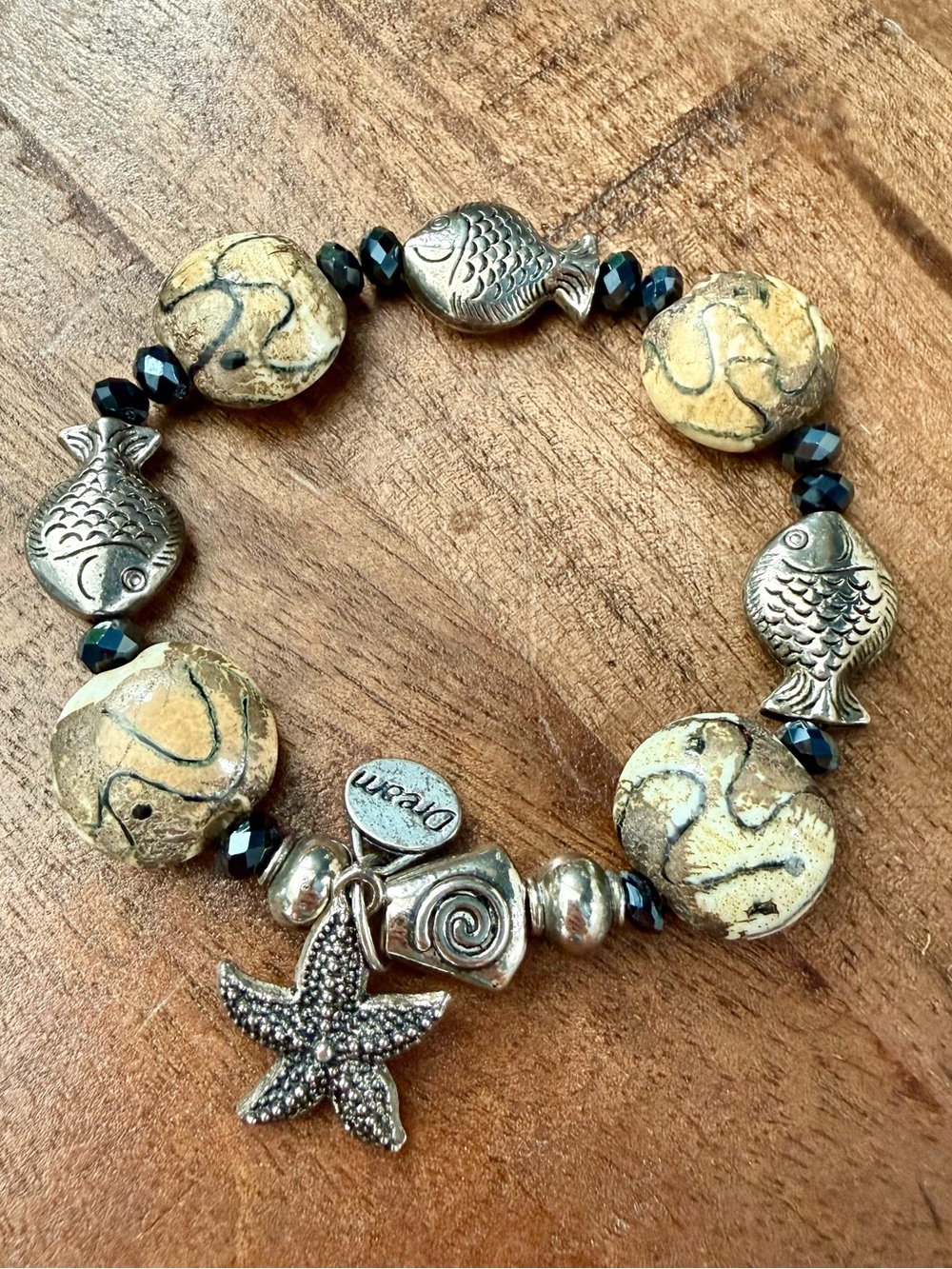 VTG SJO Sterling Silver .925 Picture Jasper Nautical Starfish Fish Bracelet